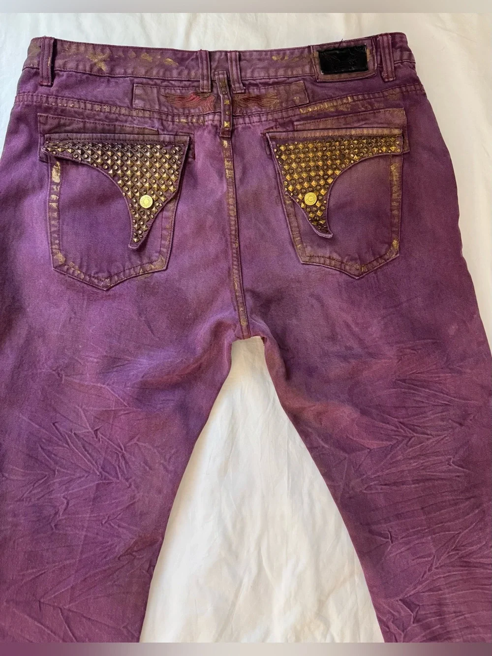 Robin's Jean Men's Burgundy Gold Acid Wash Tie Dye Straight Studded Jeans Sz 42